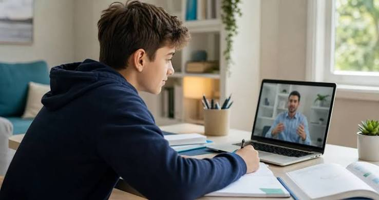 A student learning remotely on a laptop at a bright home desk with notebooks and study materials